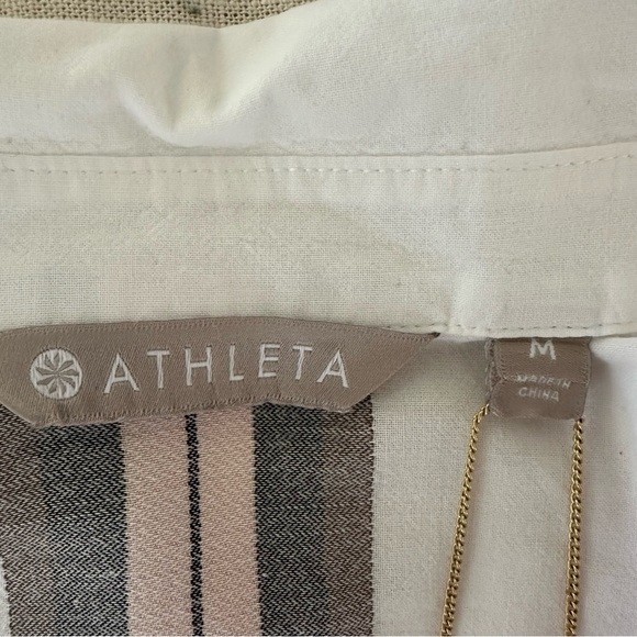 Athleta White Button Down Shirt with Cream and Tan Stripe Size Medium - Picture 3 of 3